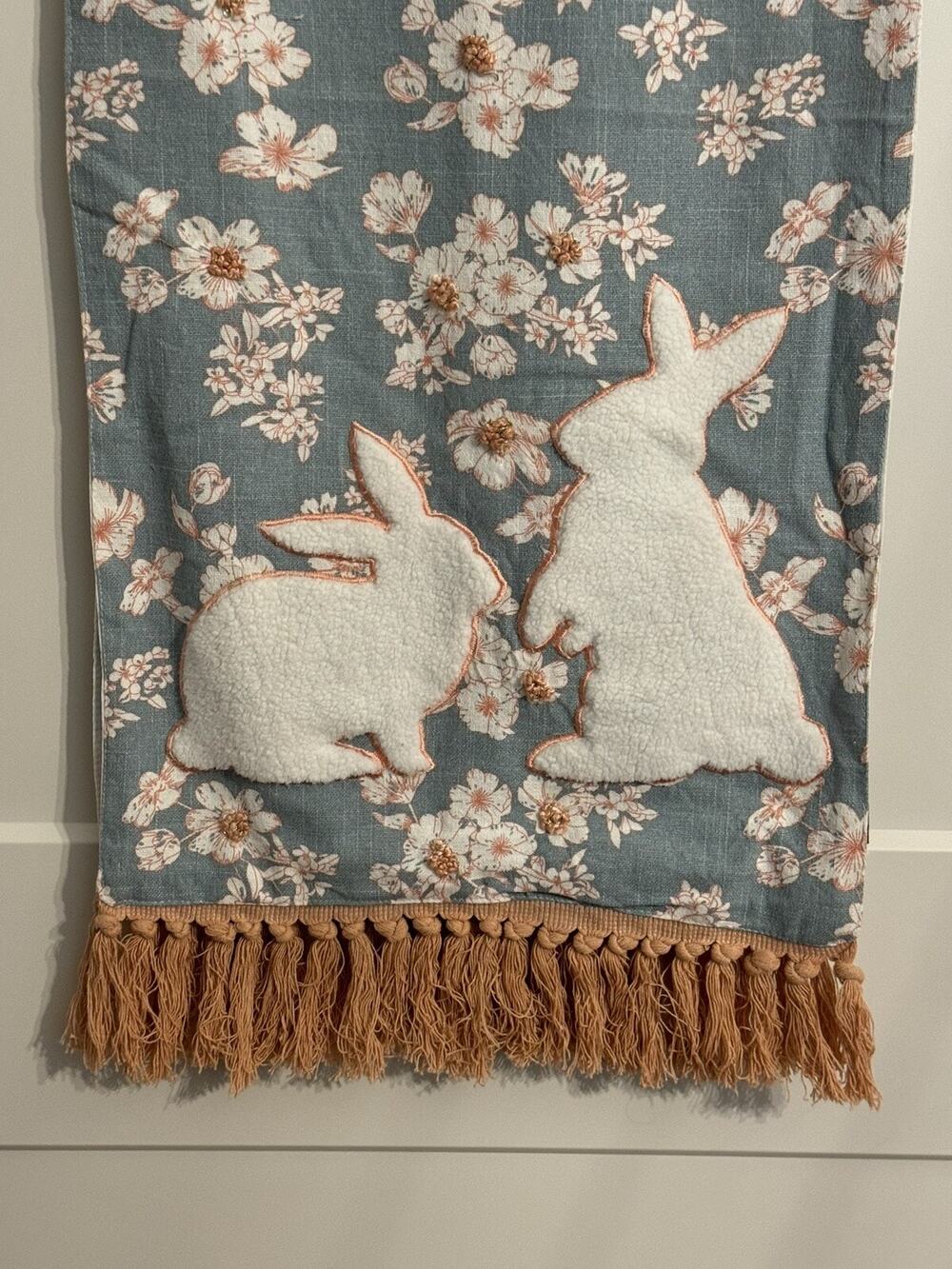 Tahari Home Table Runner Spring Bunny Teal Flowers Fringe 16”x72” NWT